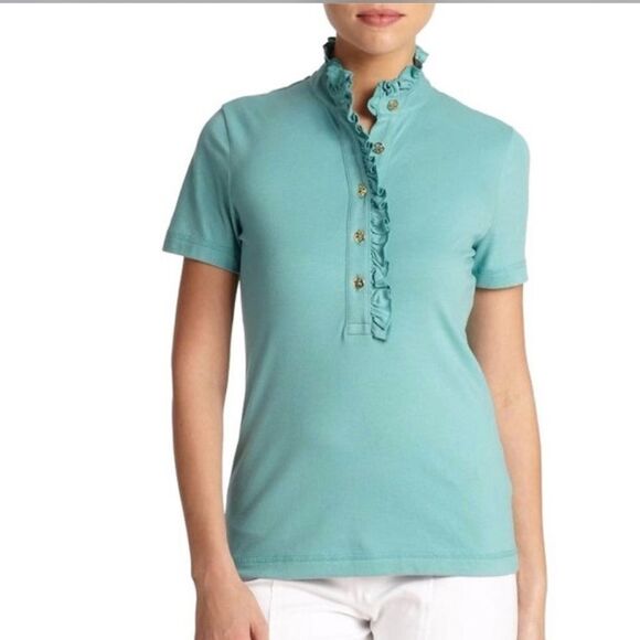 Tory Burch teal, Lidia ruffled polo top. - Picture 1 of 5